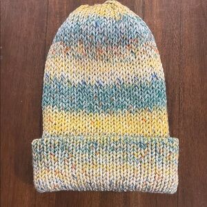 Yellow and Blue Striped Knit Hat with Folded Brim